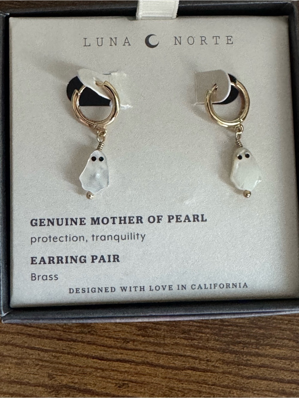 Small Gold Hoop Earrings with White Mother of Pearl Ghost Drops